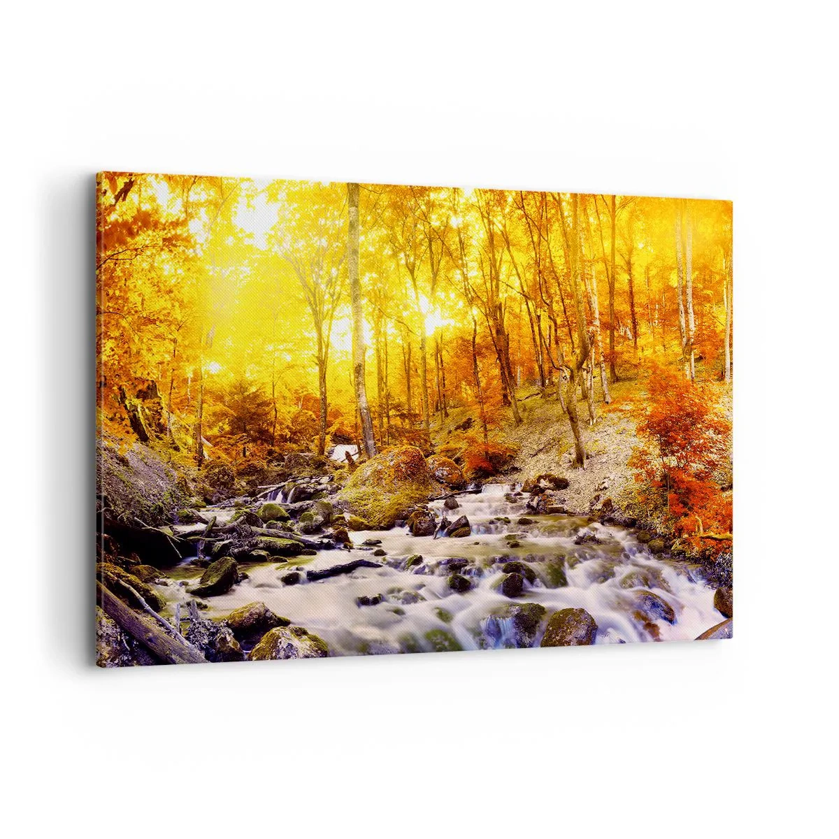 Cuadro sobre lienzo - Impresión de Imagen - Bosque otoñal con un arroyo entre hojas doradas - 120x80cm - Piedras bañadas en oro y platino - Decoración de pared moderna para salón y dormitorio ARTTOR