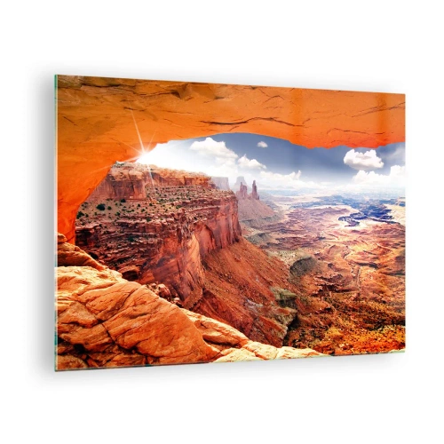 Cuadro sobre vidrio - Impresiones sobre Vidrio - Vista del cañón a través de un arco de roca con rayos de sol. - 70x50cm - Tallado por la propia naturaleza - Decoración de pared moderna para salón y dormitorio ARTTOR