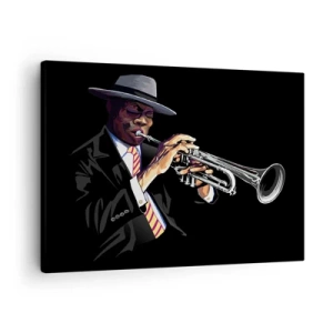 Cuadro sobre lienzo - Impresión de Imagen - Un músico tocando la trompeta sobre un fondo negro. - 70x50cm - El encanto de la vieja escuela - Decoración de pared moderna para salón y dormitorio ARTTOR