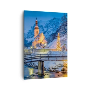 Cuadro sobre lienzo - Impresión de Imagen - Paisaje invernal con una iglesia, un puente y montañas al atardecer - 50x70cm - El espíritu de la Navidad - Decoración de pared moderna para salón y dormitorio ARTTOR