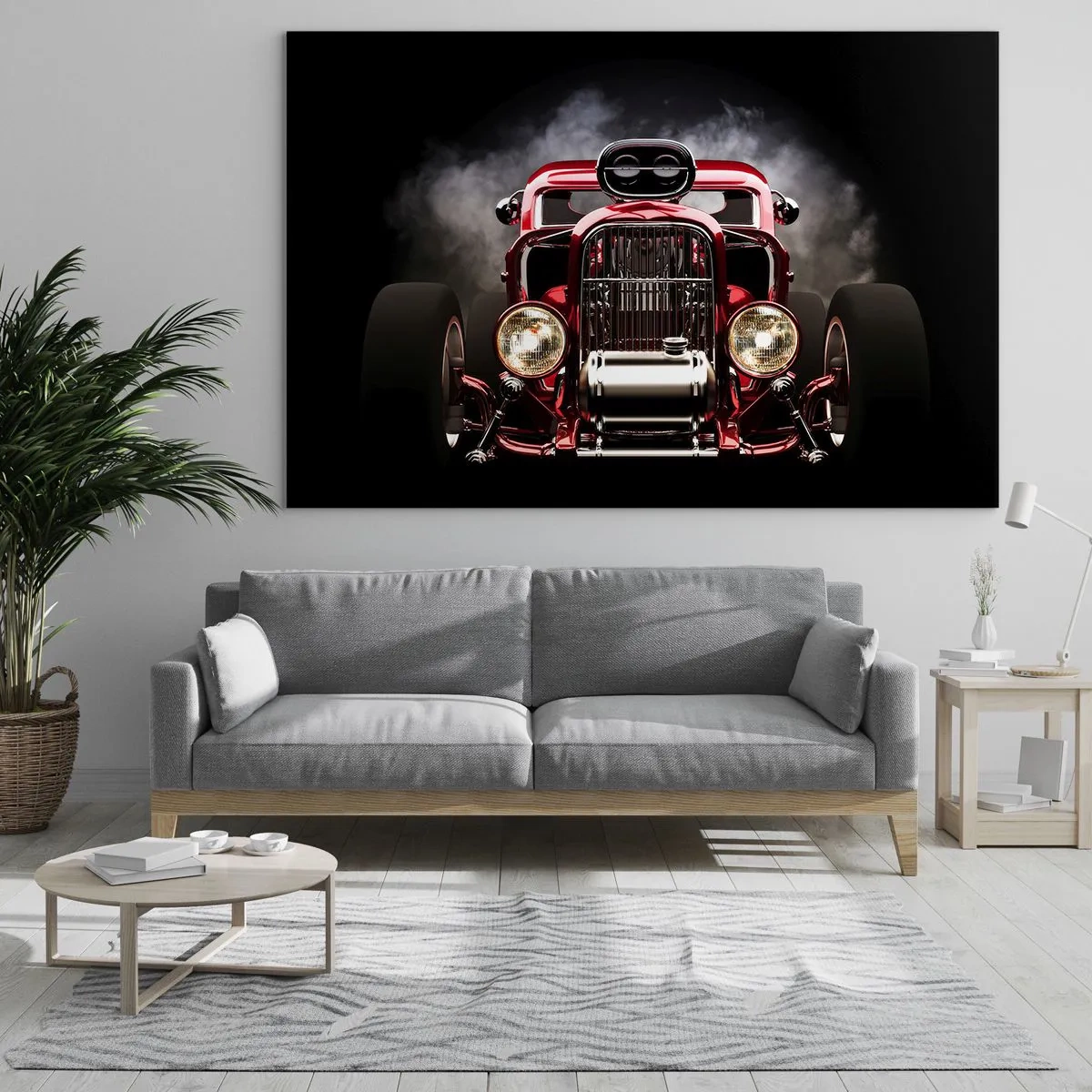 Cuadro sobre vidrio - Impresiones sobre Vidrio - Un coche rojo caliente entre humo espeso - 70x50cm - Rápida y furiosamente bella - Decoración de pared moderna para salón y dormitorio ARTTOR