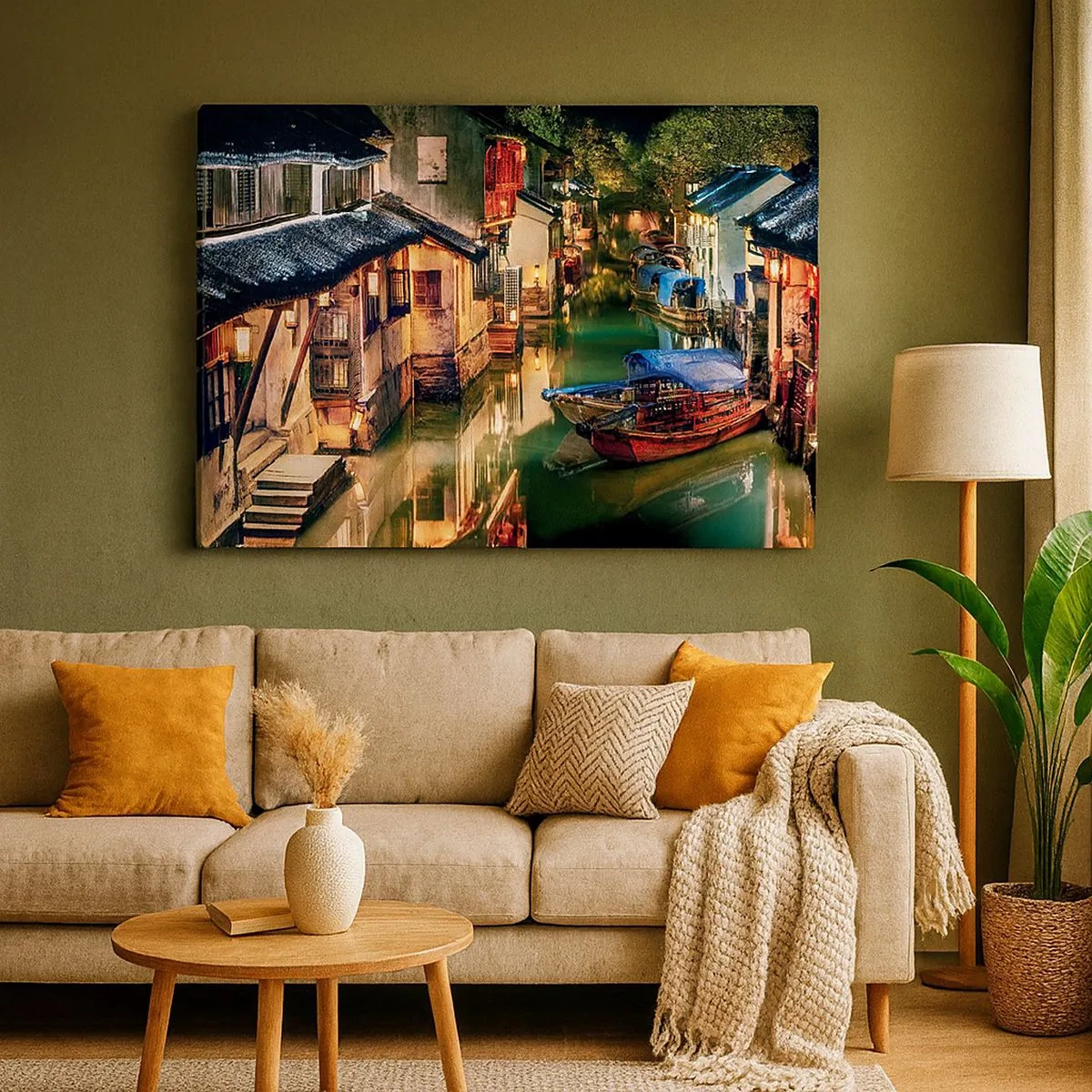 Cuadro sobre lienzo - Impresión de Imagen - Vista nocturna de los canales con barcos y casas tradicionales. - 70x50cm - Noche en una calle china - Decoración de pared moderna para salón y dormitorio ARTTOR