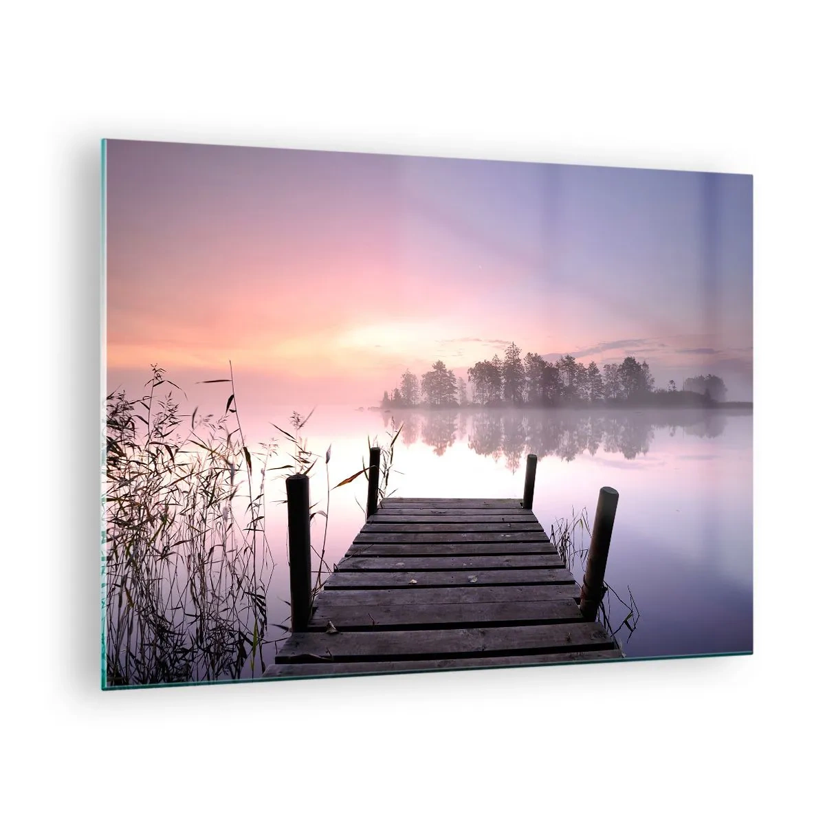 Cuadro sobre vidrio - Impresiones sobre Vidrio - Un muelle al amanecer sobre un lago tranquilo - 70x50cm - De la niebla lila... - Decoración de pared moderna para salón y dormitorio ARTTOR