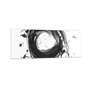 Cuadro sobre vidrio - Impresiones sobre Vidrio - Abstracción negra en forma de círculo sobre fondo blanco. - 140x50cm - El torbellino de la creación - Decoración de pared moderna para salón y dormitorio ARTTOR