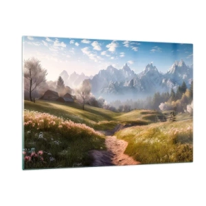 Cuadro sobre vidrio - Impresiones sobre Vidrio - Paisaje primaveral con un valle, flores y montañas al fondo por la mañana. - 120x80cm - Valle idílico - Decoración de pared moderna para salón y dormitorio ARTTOR