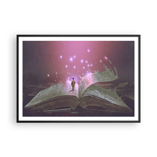 Póster en marco negro - Una figura pisa un libro abierto bajo una luz mágica. - 100x70cm - Una invitación a otro mundo - Decoración de pared moderna para salón y dormitorio ARTTOR