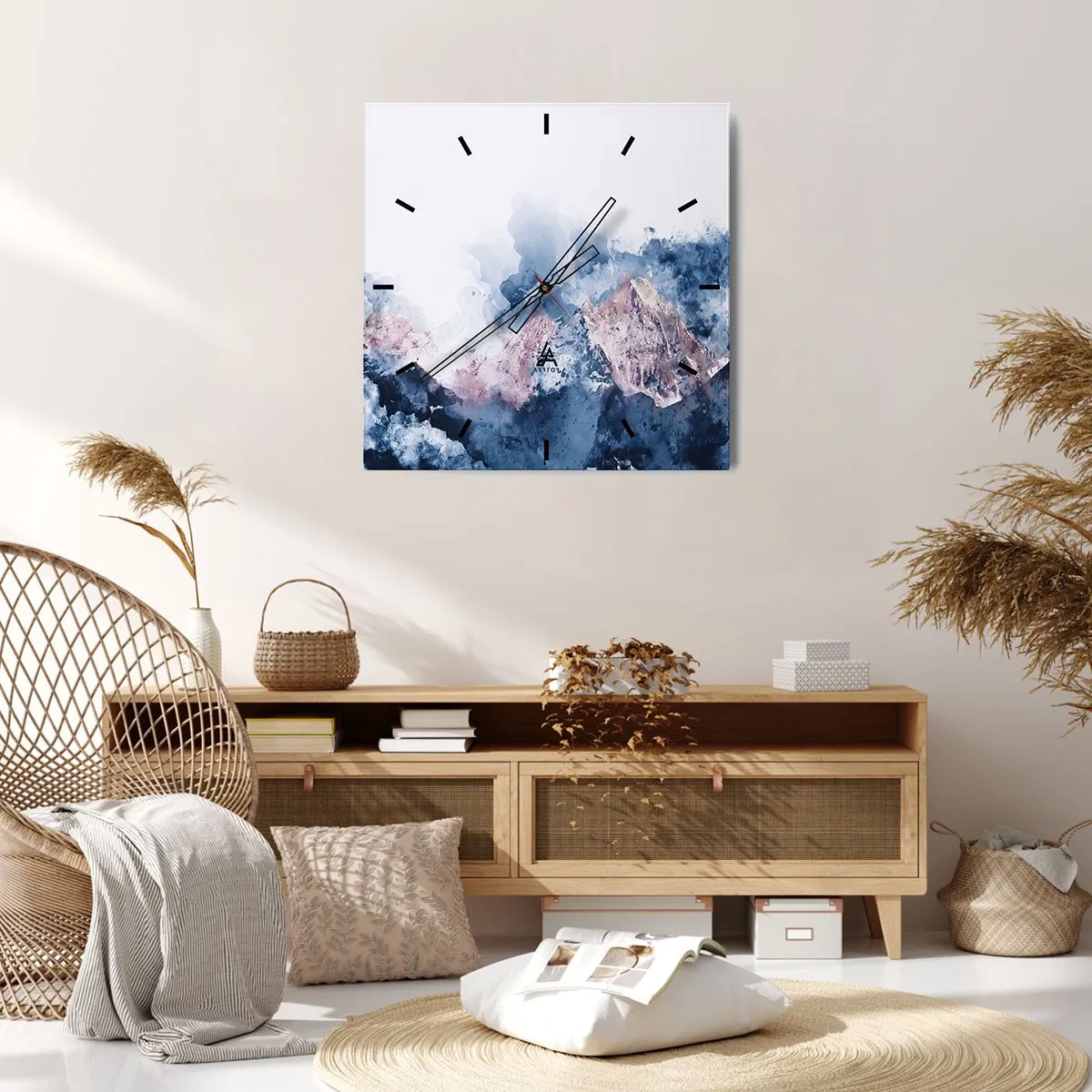 Reloj de pared - Reloj de vidrio - Montañas de acuarela en tonos pastel sobre un fondo blanco. - 30x30cm - El techo del mundo - Decoración de pared moderna para salón y dormitorio ARTTOR