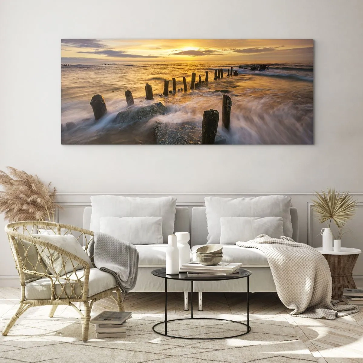 Cuadro sobre vidrio - Impresiones sobre Vidrio - Puesta de sol sobre el mar con los restos de un antiguo muelle - 120x50cm - La cruda belleza del Báltico - Decoración de pared moderna para salón y dormitorio ARTTOR