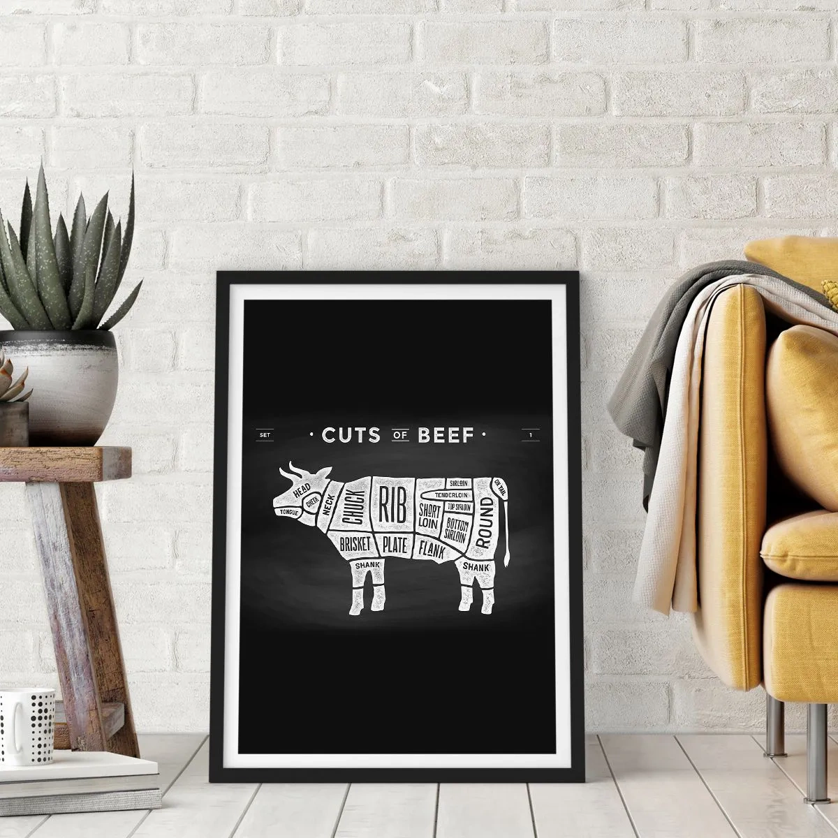 Póster en marco negro - Diagrama de cortes de carne de res sobre un fondo negro en estilo retro - 50x70cm - Manual del carnicero - Decoración de pared moderna para salón y dormitorio ARTTOR