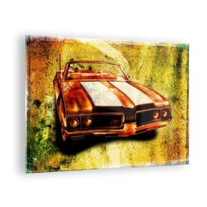 Cuadro sobre vidrio - Impresiones sobre Vidrio - Un descapotable deportivo clásico con un fondo artístico. - 70x50cm - Poder en las formas - Decoración de pared moderna para salón y dormitorio ARTTOR