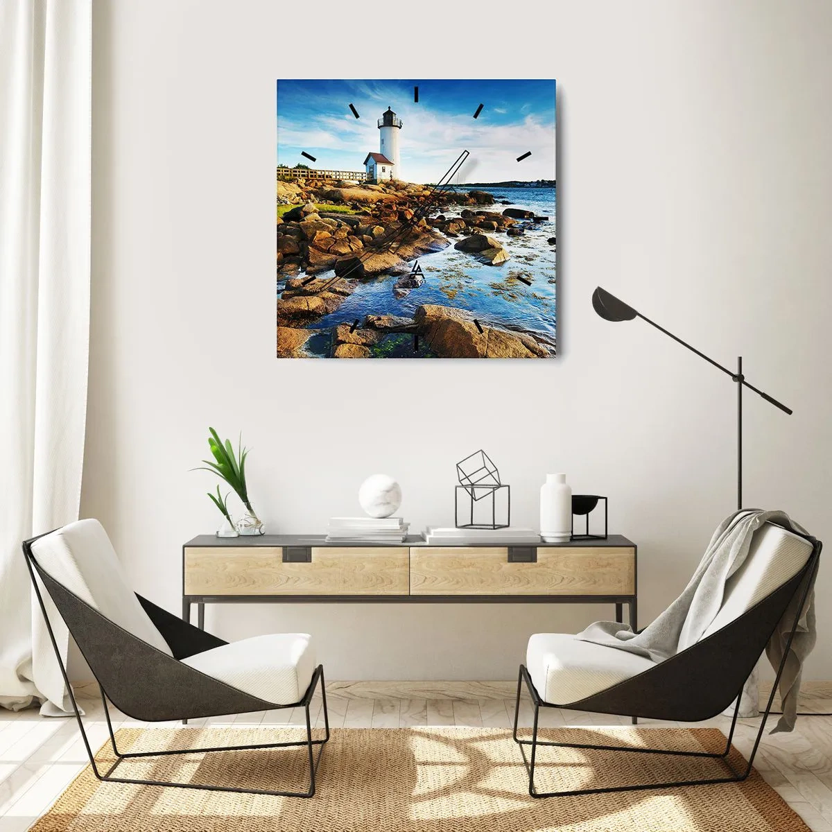 Reloj de pared - Reloj de vidrio - Un faro en una costa rocosa en un día soleado. - 30x30cm - Esperando vuestro regreso - Decoración de pared moderna para salón y dormitorio ARTTOR