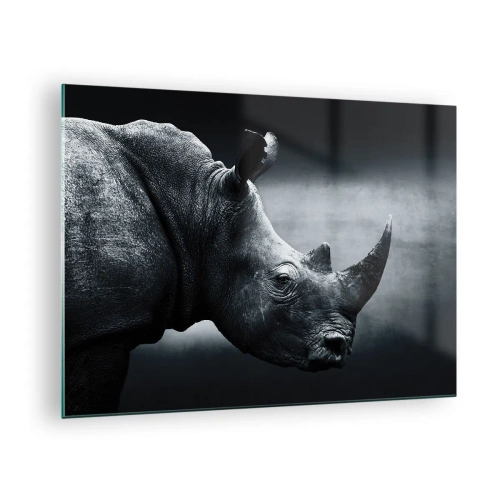 Cuadro sobre vidrio - Impresiones sobre Vidrio - Fotografía en blanco y negro de un rinoceronte. - 70x50cm - Perfil derecho - Decoración de pared moderna para salón y dormitorio ARTTOR