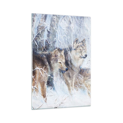 Cuadro sobre vidrio - Impresiones sobre Vidrio - Lobos en un bosque invernal con un fondo nevado - 70x100cm - ¡Cuidado! Aquí viene... - Decoración de pared moderna para salón y dormitorio ARTTOR
