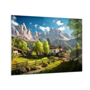 Cuadro sobre vidrio - Impresiones sobre Vidrio - Desarrollo rural en un entorno verde al pie de los picos alpinos - 70x50cm - Idilio alpino - Decoración de pared moderna para salón y dormitorio ARTTOR