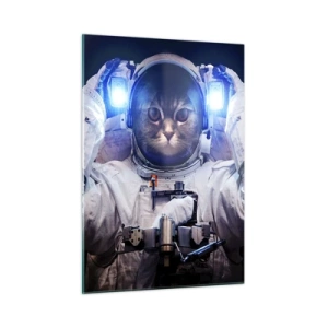 Cuadro sobre vidrio - Impresiones sobre Vidrio - Un cosmonauta con cabeza de gato en el espacio - 50x70cm - Houston, tienes un problema. - Decoración de pared moderna para salón y dormitorio ARTTOR