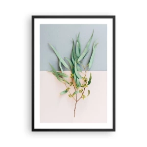 Póster en marco negro - Una ramita de eucalipto sobre un fondo pastel. - 50x70cm - La sutileza del pastel - Decoración de pared moderna para salón y dormitorio ARTTOR