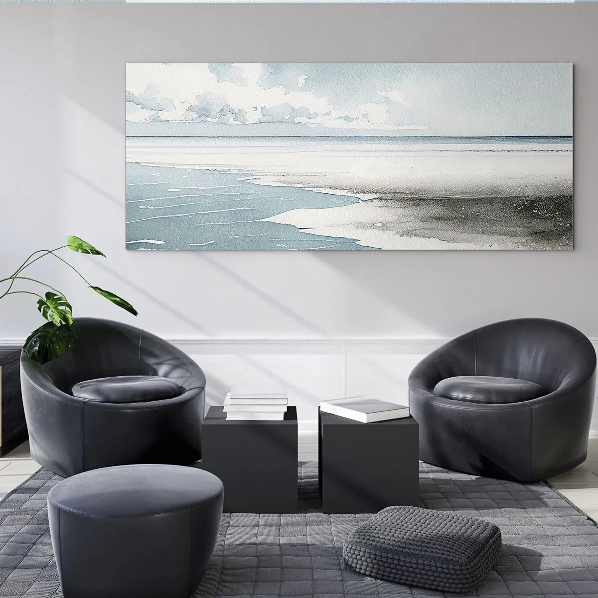 Cuadro sobre vidrio - Impresiones sobre Vidrio - Un mar tranquilo y una playa en tonos claros de azul. - 120x50cm - Suave marea otoñal - Decoración de pared moderna para salón y dormitorio ARTTOR