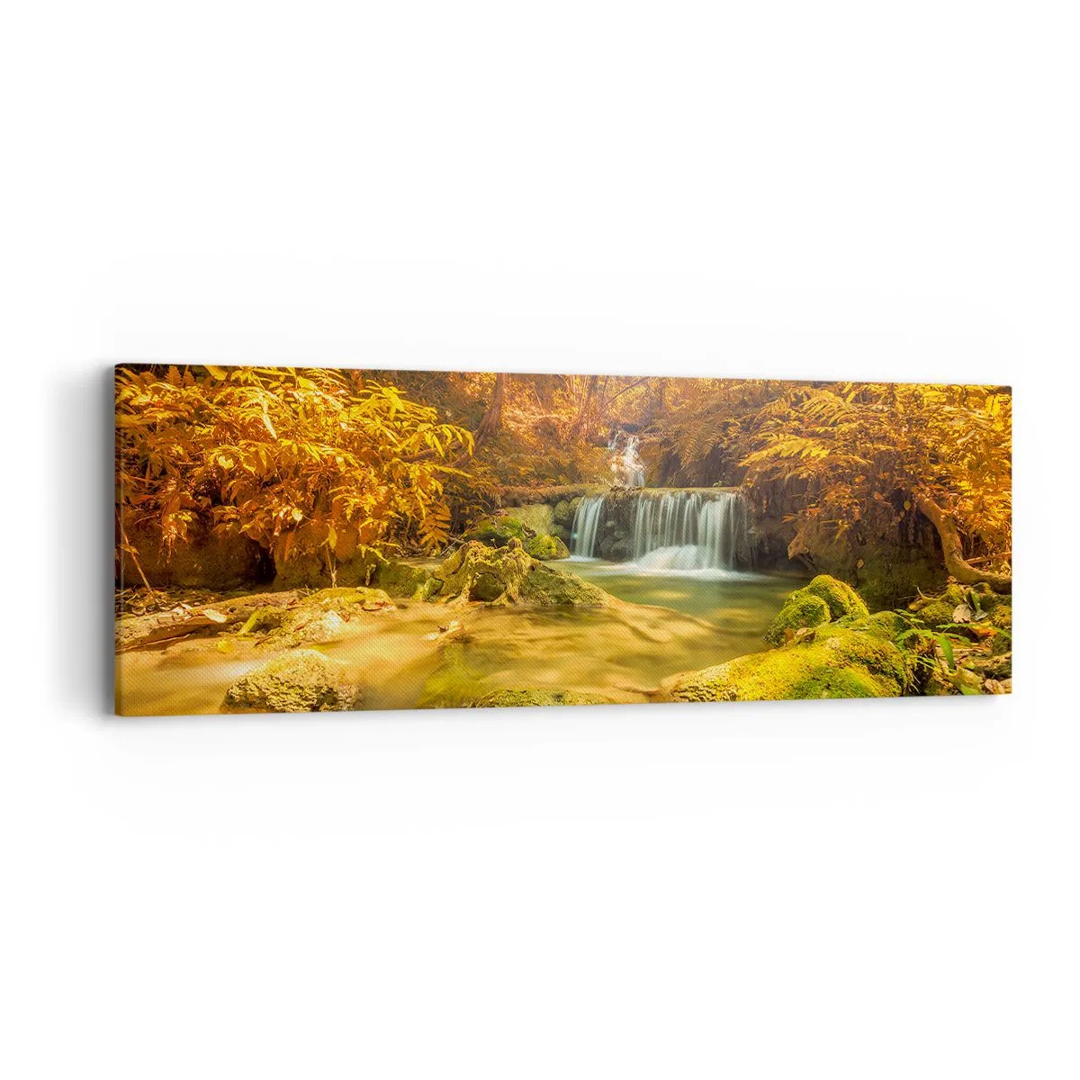 Cuadro sobre lienzo - Impresión de Imagen - Cascada forestal en oro - 90x30 cm