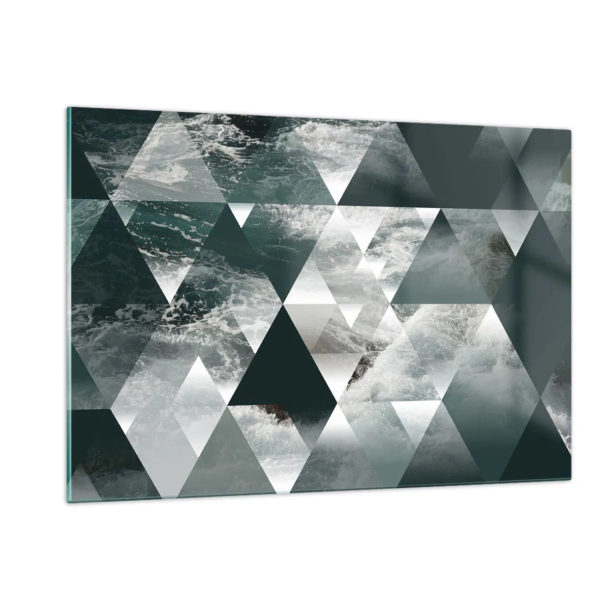 Cuadro sobre vidrio - Impresiones sobre Vidrio - Composición abstracta de triángulos con motivo de ondas de agua. - 120x80cm - Una perspectiva de cristal - Decoración de pared moderna para salón y dormitorio ARTTOR