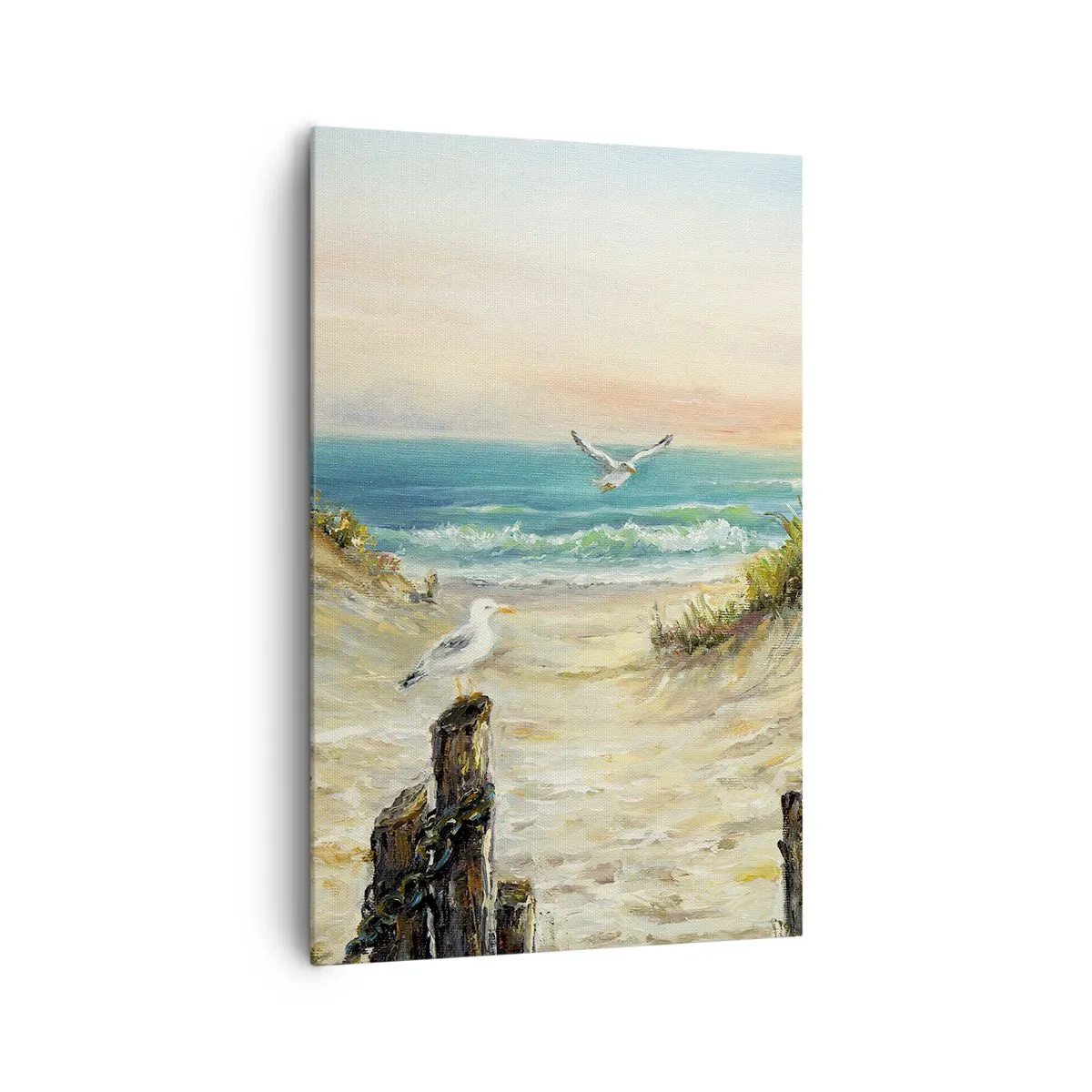 Cuadro sobre lienzo - Impresión de Imagen - Costa con gaviotas y dunas al atardecer - 80x120cm - Un retiro ventoso - Decoración de pared moderna para salón y dormitorio ARTTOR