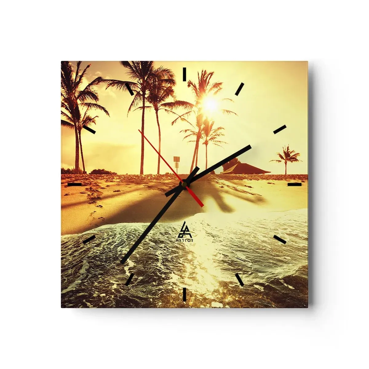 Reloj de pared - Reloj de vidrio - Una playa con palmeras iluminada por un cálido atardecer. - 30x30cm - Una tarde californiana - Decoración de pared moderna para salón y dormitorio ARTTOR