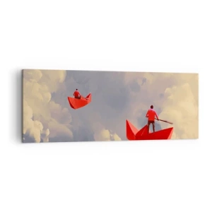 Cuadro sobre lienzo - Impresión de Imagen - Barquitos de papel rojos flotando en las nubes - 140x50cm - El viaje de un soñador - Decoración de pared moderna para salón y dormitorio ARTTOR