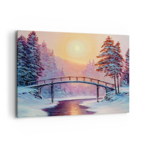 Cuadro sobre lienzo - Impresión de Imagen - Paisaje invernal con un puente iluminado por el atardecer. - 120x80cm - Las cuatro estaciones: el invierno - Decoración de pared moderna para salón y dormitorio ARTTOR