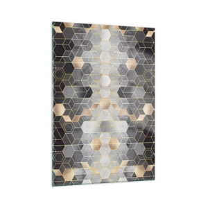 Cuadro sobre vidrio - Impresiones sobre Vidrio - Patrón geométrico de hexágonos en líneas doradas. - 50x70cm - Composición de diamantes - Decoración de pared moderna para salón y dormitorio ARTTOR