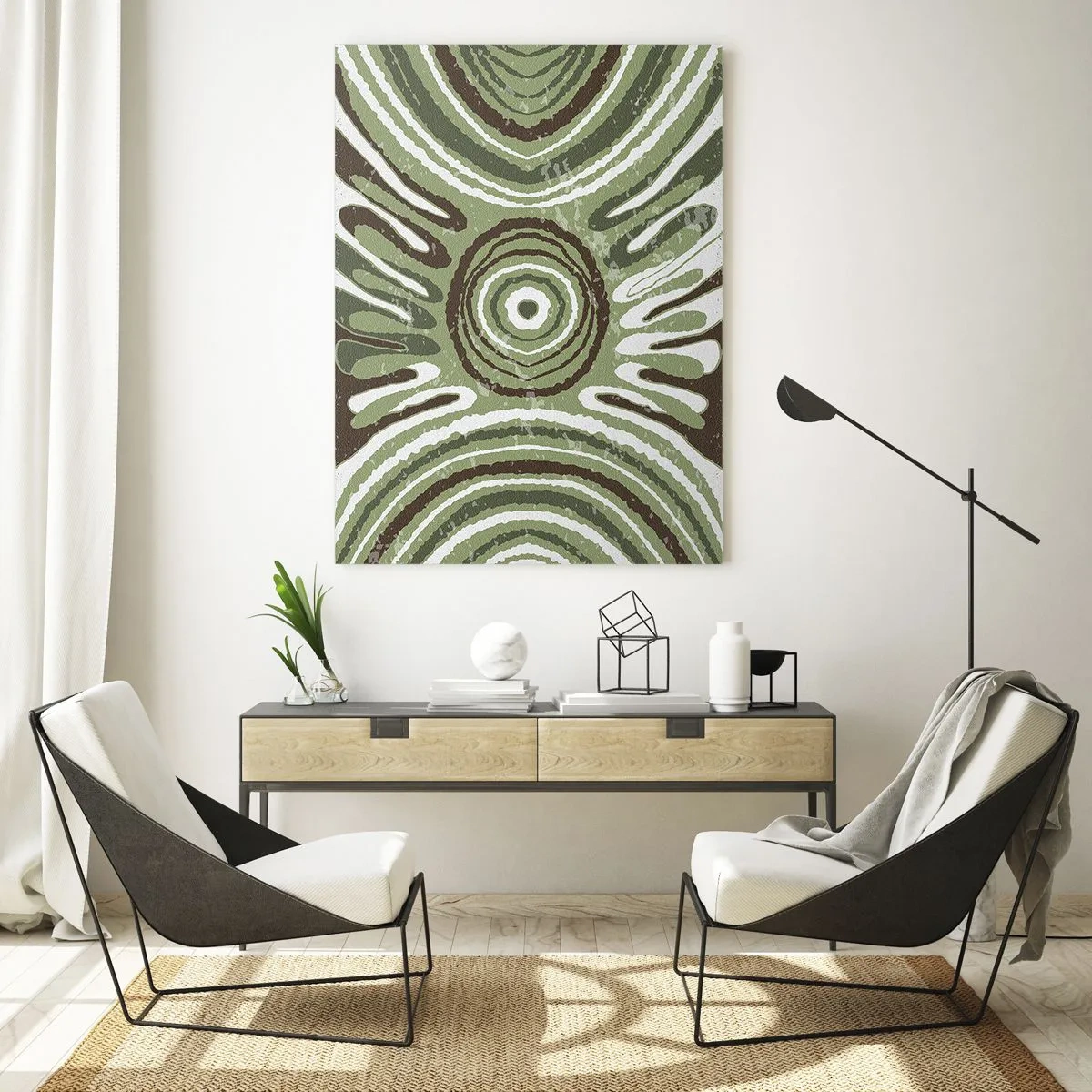 Cuadro sobre vidrio - Impresiones sobre Vidrio - Círculos concéntricos verdes y líneas abstractas - 50x70cm - Explosión de emociones - Decoración de pared moderna para salón y dormitorio ARTTOR