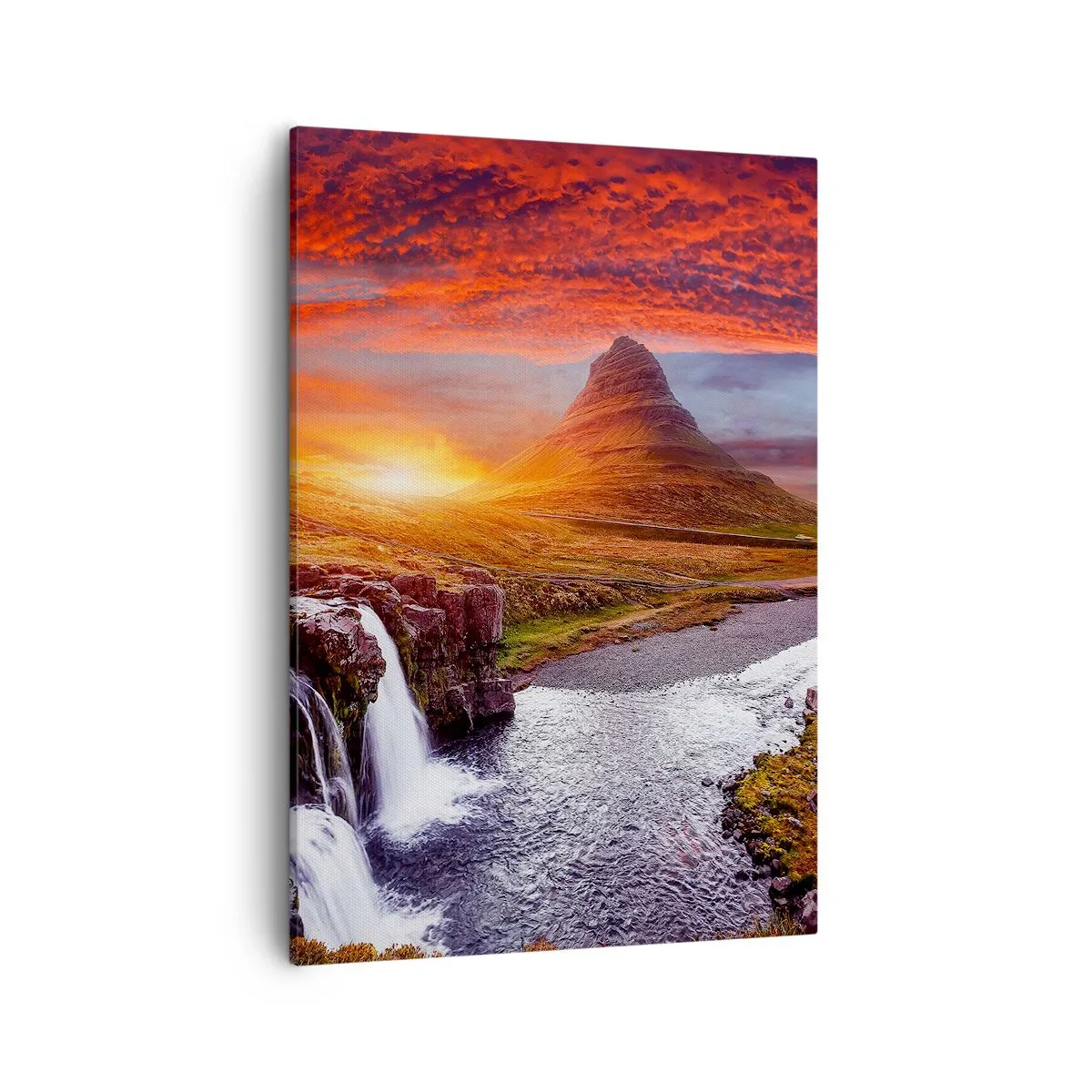 Cuadro sobre lienzo - Impresión de Imagen - Paisaje de montaña con cascada al atardecer. - 50x70cm - Una vista de la Tierra Media - Decoración de pared moderna para salón y dormitorio ARTTOR
