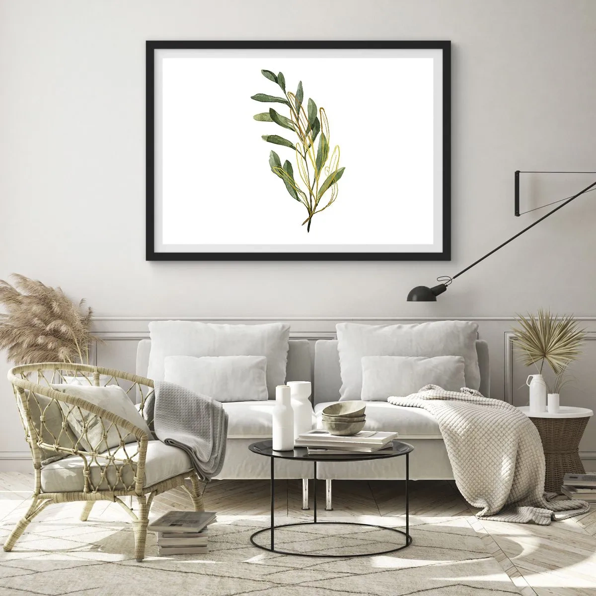 Póster en marco negro - Rama verde con hojas sobre fondo blanco. - 70x50cm - La vida se abre camino - Decoración de pared moderna para salón y dormitorio ARTTOR