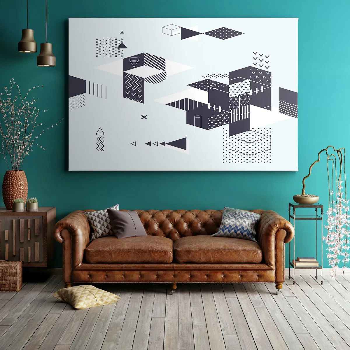 Cuadro sobre lienzo - Impresión de Imagen - Gráficos geométricos modernos en tonos blanco y azul marino. - 70x50cm - Las matemáticas en el alma - Decoración de pared moderna para salón y dormitorio ARTTOR