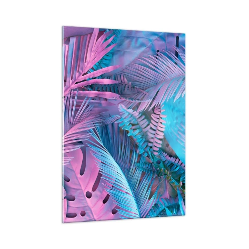 Cuadro sobre vidrio - Impresiones sobre Vidrio - Hojas tropicales en tonos rosa y azul sobre un fondo neón. - 50x70cm - Trópicos en rosa y azul - Decoración de pared moderna para salón y dormitorio ARTTOR