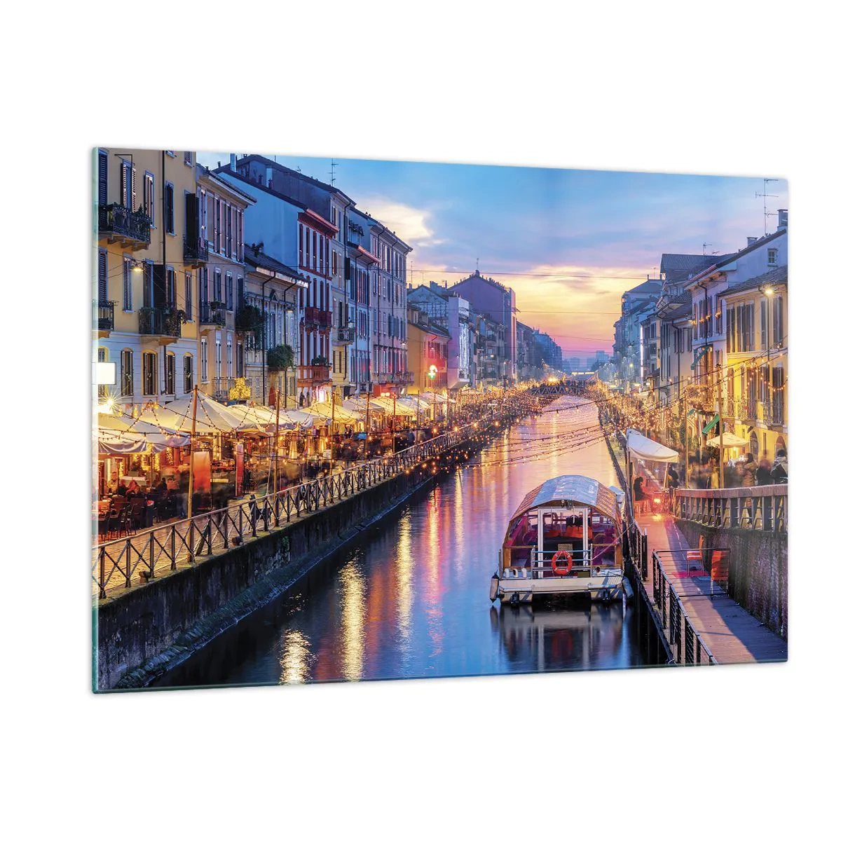 Cuadro sobre vidrio - Impresiones sobre Vidrio - Vista nocturna del canal iluminado con barcos y cafés. - 120x80cm - Una noche de luz y diversión - Decoración de pared moderna para salón y dormitorio ARTTOR