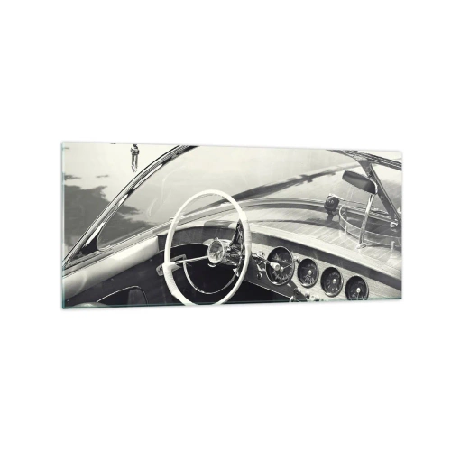 Cuadro sobre vidrio - Impresiones sobre Vidrio - Interior de coche clásico en estilo monocromático. - 120x50cm - Tiempo para los ricos - Decoración de pared moderna para salón y dormitorio ARTTOR