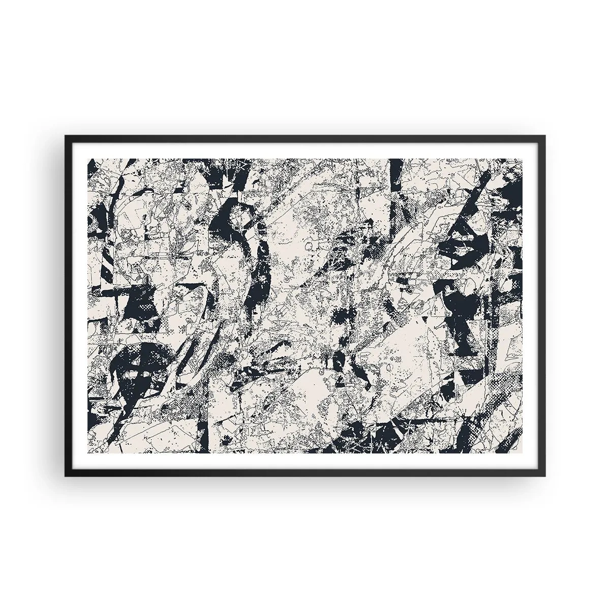 Póster en marco negro - Composición abstracta en blanco y negro con un diseño dinámico. - 100x70cm - La interpenetración de los opuestos - Decoración de pared moderna para salón y dormitorio ARTTOR