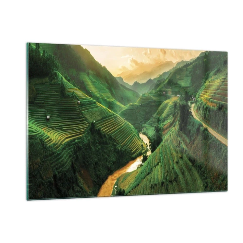 Cuadro sobre vidrio - Impresiones sobre Vidrio - Pintorescas terrazas de arroz en el valle al atardecer - 120x80cm - Valle vietnamita - Decoración de pared moderna para salón y dormitorio ARTTOR