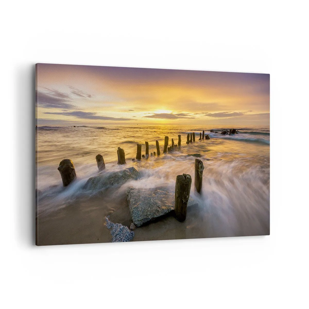 Cuadro sobre lienzo - Impresión de Imagen - Puesta de sol sobre el mar con los restos de un antiguo muelle - 100x70cm - La cruda belleza del Báltico - Decoración de pared moderna para salón y dormitorio ARTTOR