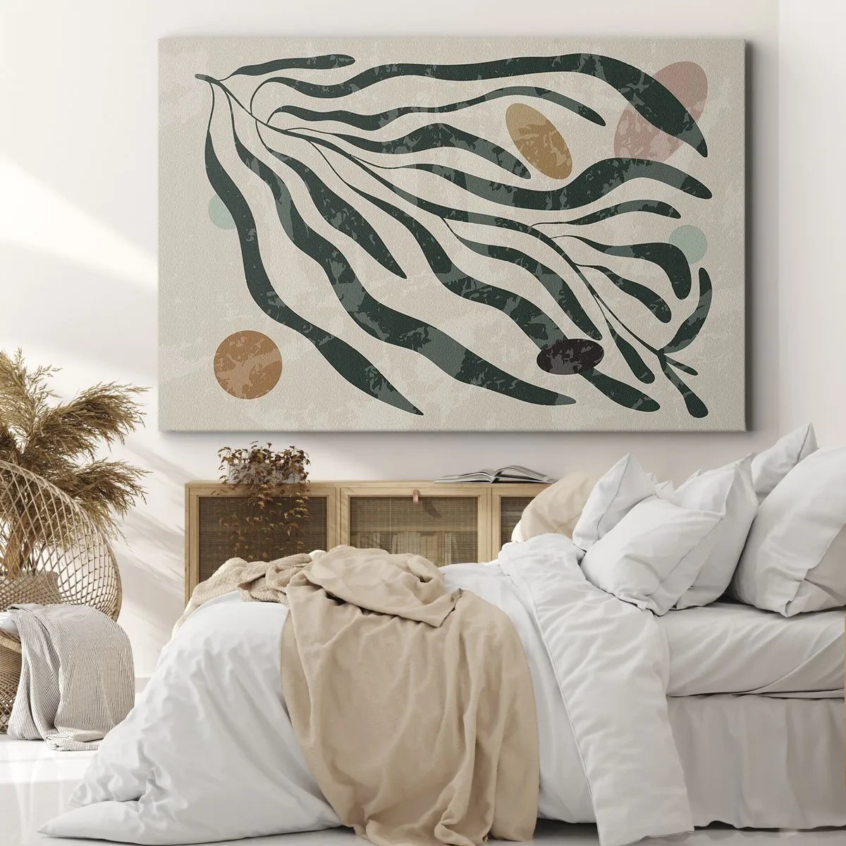 Cuadro sobre lienzo - Impresión de Imagen - Líneas y formas orgánicas en verde y beige. - 70x50cm - Entre verdes - Decoración de pared moderna para salón y dormitorio ARTTOR