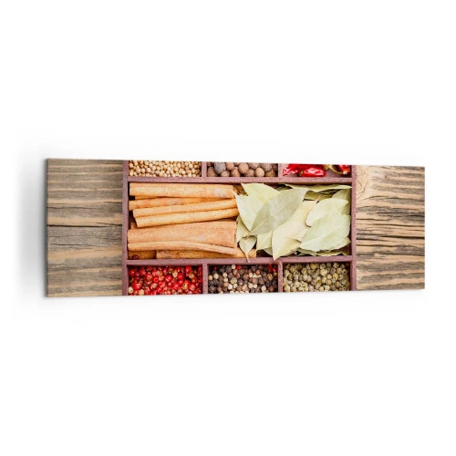 Cuadro sobre lienzo - Impresión de Imagen - Caja de madera con varias especias en compartimentos. - 160x50cm - Orden de formas, composición de aromas - Decoración de pared moderna para salón y dormitorio ARTTOR