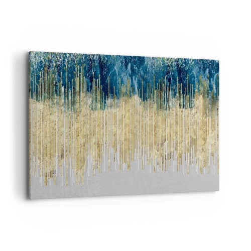 Cuadro sobre lienzo - Impresión de Imagen - Líneas doradas sobre un fondo de abstracción azul marino y gris. - 100x70cm - Frontera de líneas doradas - Decoración de pared moderna para salón y dormitorio ARTTOR