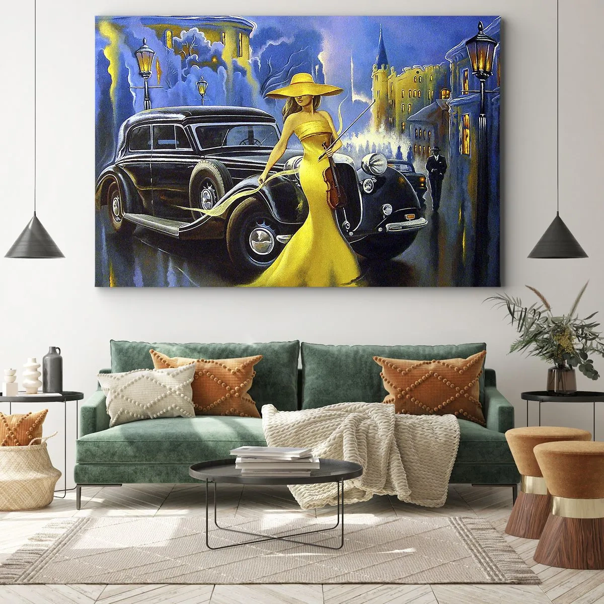 Cuadro sobre lienzo - Impresión de Imagen - Una mujer con un vestido amarillo con un violín junto a un coche retro. - 70x50cm - Noche de violín y pasión - Decoración de pared moderna para salón y dormitorio ARTTOR