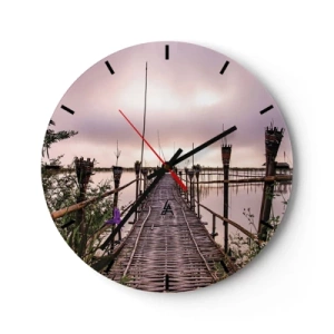 Reloj de pared - Reloj de vidrio - Un puente de bambú que conduce a las profundidades de un lago tranquilo. - 30x30cm - La tranquilidad de Asia - Decoración de pared moderna para salón, cocina y dormitorio ARTTOR