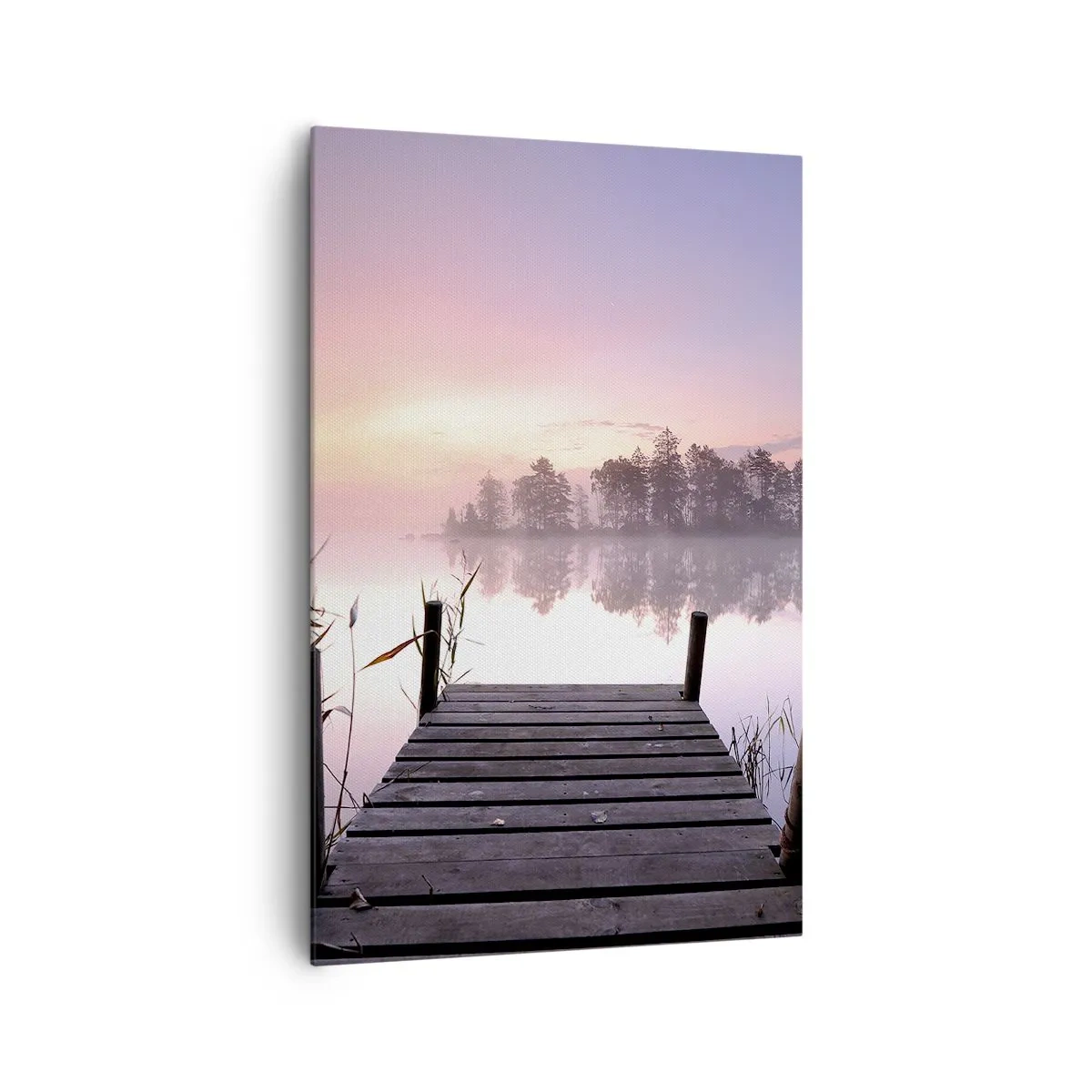 Cuadro sobre lienzo - Impresión de Imagen - Un embarcadero junto al lago al amanecer con niebla y un cielo pastel. - 80x120cm - De la niebla lila... - Decoración de pared moderna para salón y dormitorio ARTTOR