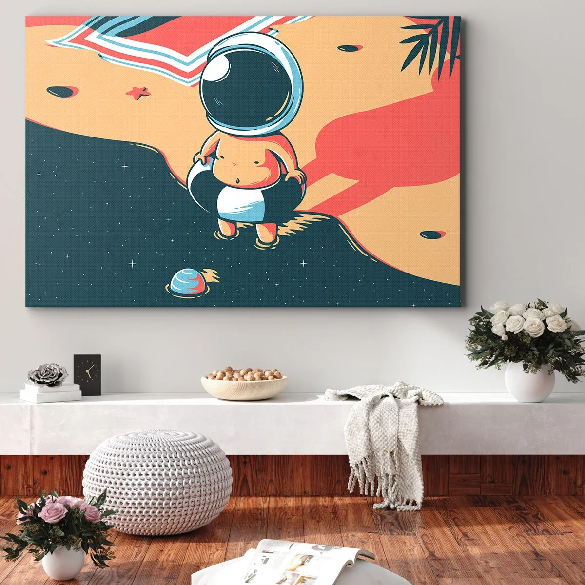 Cuadro sobre lienzo - Impresión de Imagen - Astronauta divertido en la playa con elementos espaciales de fondo. - 70x50cm - Desde una perspectiva diferente - Decoración de pared moderna para salón y dormitorio ARTTOR