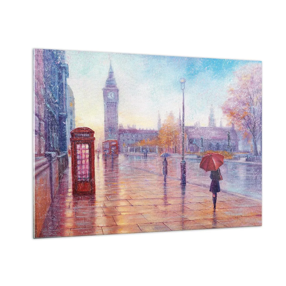 Cuadro sobre vidrio - Impresiones sobre Vidrio - Escena londinense bajo la lluvia con el Big Ben y la caja roja - 100x70cm - Un día de otoño en Londres - Decoración de pared moderna para salón y dormitorio ARTTOR