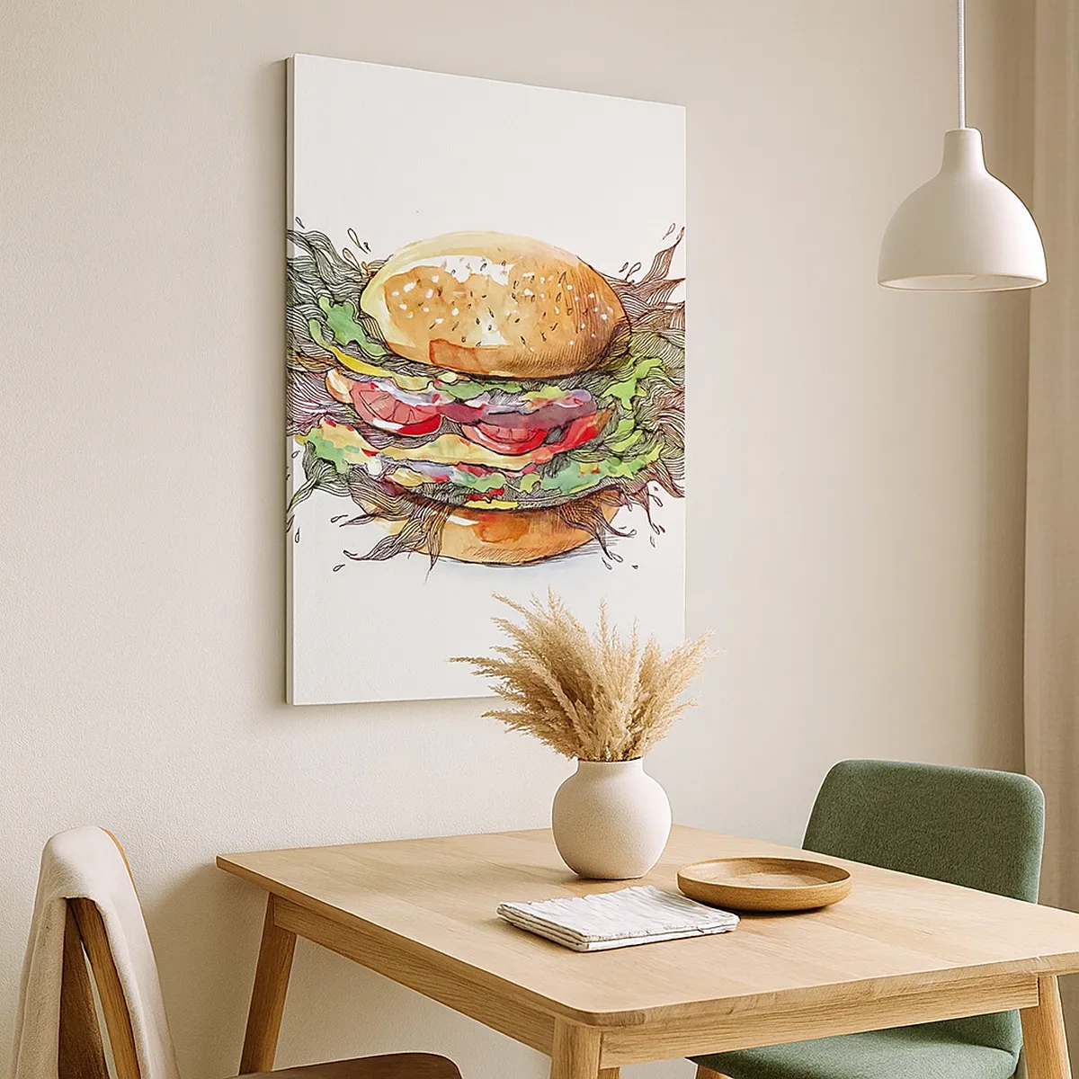 Cuadro sobre lienzo - Impresión de Imagen - Ilustración artística de una hamburguesa con elementos dinámicos. - 50x70cm - Tentación irresistible - Decoración de pared moderna para salón y dormitorio ARTTOR