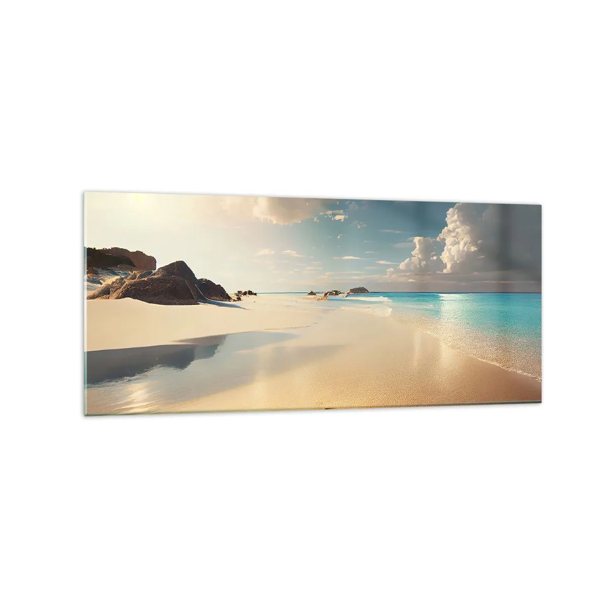 Cuadro sobre vidrio - Impresiones sobre Vidrio - Una playa soleada con mar azul y rocas. - 120x50cm - Un día de ensueño - Decoración de pared moderna para salón y dormitorio ARTTOR