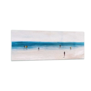 Cuadro sobre vidrio - Impresiones sobre Vidrio - Una playa con gente con el mar en calma como telón de fondo. - 140x50cm - Necesidad natural - Decoración de pared moderna para salón y dormitorio ARTTOR