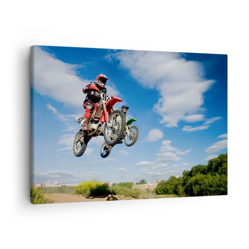 Cuadro sobre lienzo - Impresión de Imagen - Pilotos de motocross en el aire durante un salto - 70x50cm - Salto del cielo - Decoración de pared moderna para salón y dormitorio ARTTOR